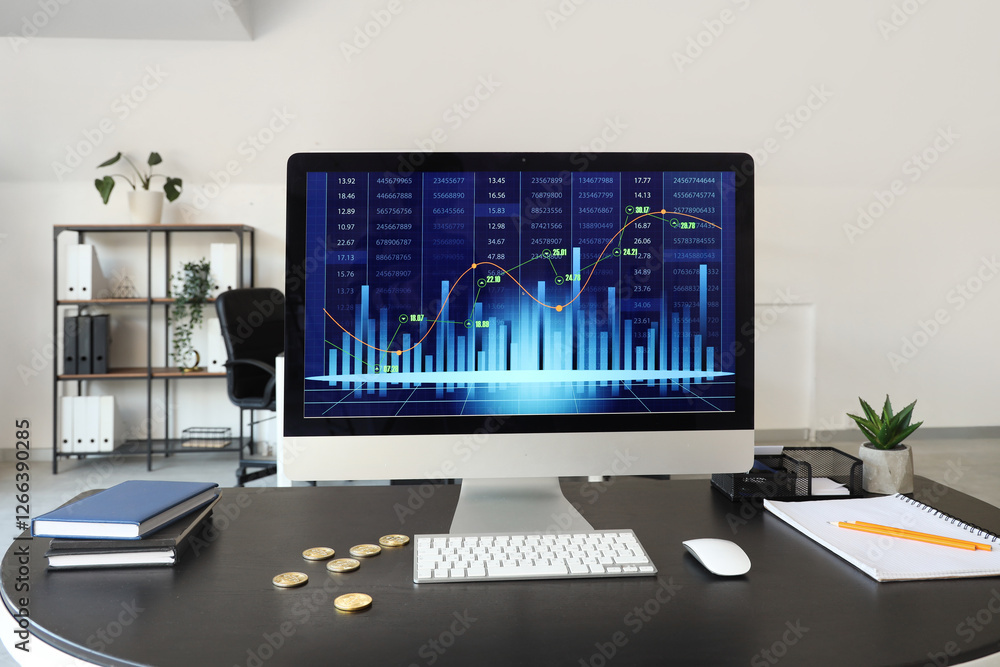 Aufkleber computer monitor with stock data on trader's desk in office