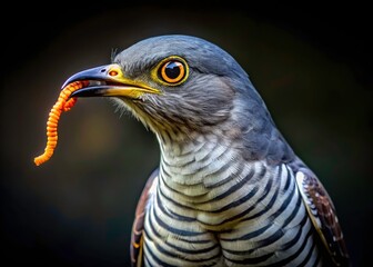 Close-up wildlife photo: a cuckoo's mealworm dinner, captured in low light.