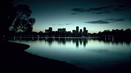 Cityscape twilight lake reflection, serene dusk