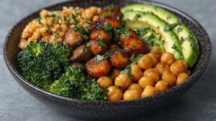 Healthy grain bowl with roasted vegetables, chickpeas, and avocado on a dark bowl