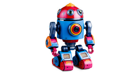 Fototapeta premium A brightly colored toy robot with LED eyes, standing upright against a transparent background