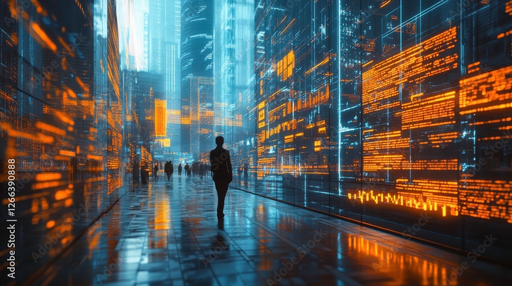 Aufkleber a figure walks through a futuristic digital corridor illuminated with glowing lines and data, creati