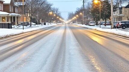Fototapeta premium Snowy residential street at dawn