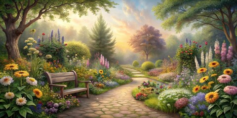Fototapeta premium Serene Garden Path at Sunrise A Wooden Bench Beckons Amidst a Flourishing Tapestry of Blossoms and Verdant Foliage