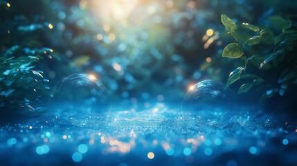 Fototapeta premium water drops, rainy day, green forest, water bubles