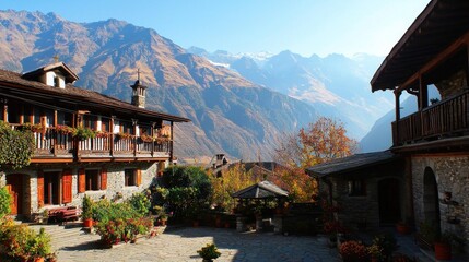 Obraz premium Mountain village courtyard, alpine houses with balconies, autumn foliage, scenic backdrop