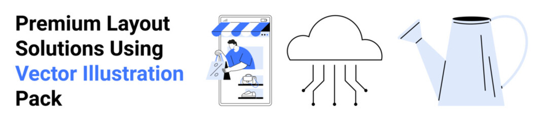 Digital store illustration, cloud with connectivity lines, and watering can. Ideal for e-commerce, cloud computing, environment, gardening, minimalism, technology flat landing page banner