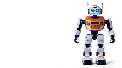 A brightly colored toy robot with LED eyes, standing upright against a transparent background