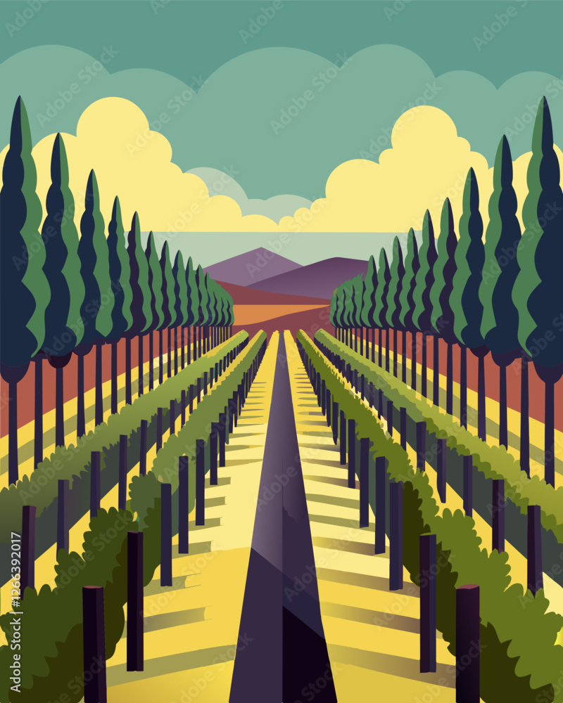 Poster with rows of gvines stretching out as far as the eye can see its hard to believe that this serene se