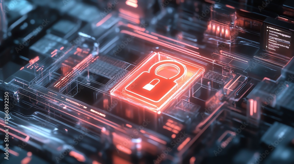 Poster digital security concept illustrating a glowing lock symbol surrounded by circuit board patterns dur