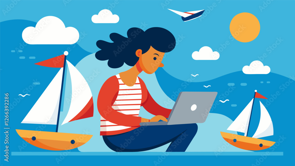 Poster with the wind in their hair and a laptop in their lap a person successfully multitasks working and s