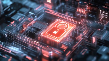 Digital Security Concept Illustrating a Glowing Lock Symbol Surrounded by Circuit Board Patterns During a Futuristic Technological Display