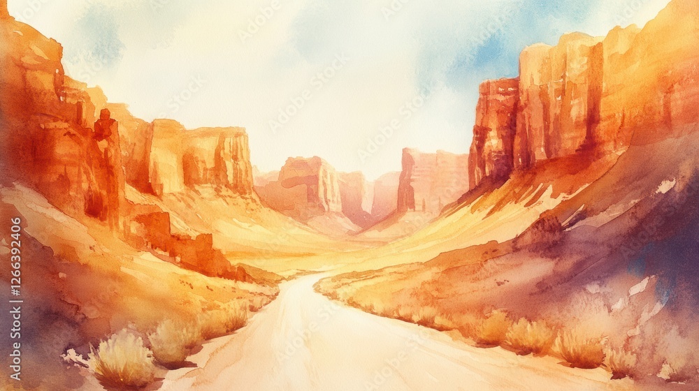 Poster expansive desert landscape with canyons illuminated by warm sunlight during the golden hour. generat
