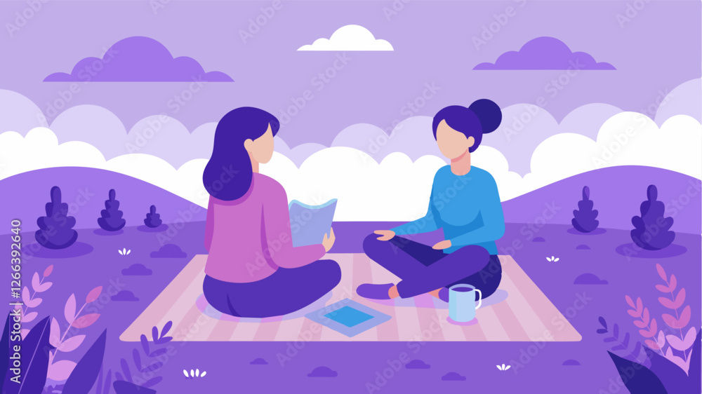 Poster two people having a brainstorming session sitting on a blanket in the heart of a lavender field.. ve