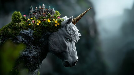 Majestic unicorn with a castle and flowers on its back, set against a mystical landscape backdrop