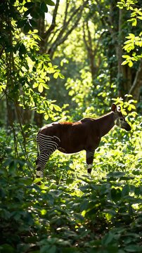 Graceful okapi strolling through lush forest in sunlit serenity