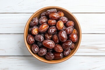 Fototapeta premium Date bowl on white wooden background. Top view. with generative ai
