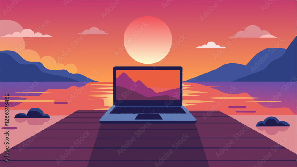 Poster with the backdrop of a vibrant sunset a laptop rests on a creaky dock its user enjoying the best of 