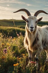 A goat stands in a vibrant field of wildflowers under a sunny sky.
