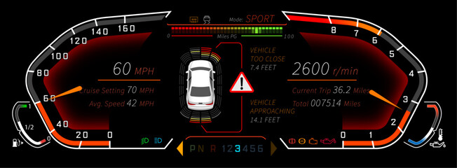 Dial Cluster template, Dial Cluster vector, dashboard template - illustrated in SPORT mode with proximity sensors - vector graphics in Adobe Illustrator format