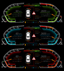 Dial Cluster template, Dial Cluster vector, dashboard template - illustration of all 3 driving modes with proximity sensors - vector graphics in Adobe Illustrator format