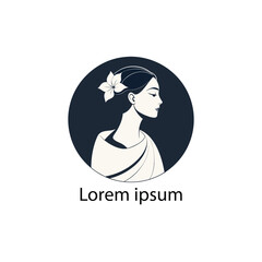 A minimalist vector illustration of a serene woman in profile with her hair styled in an elegant bun adorned with a single flower