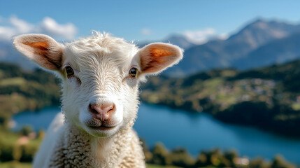 Obraz premium Lamb in alpine pasture, lake view