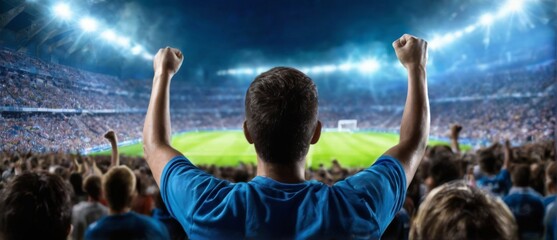 Exciting sports stadium scene with cheering crowd, bright lights, and a man in blue shirt celebrating in the stands.