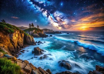 Fototapeta premium Epic panoramic night coastline photos: breathtaking ocean sunsets and dramatic seascapes.