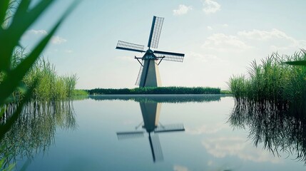 Dutch windmill reflection tranquil landscape