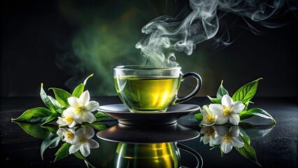 Ethereal green tea trails dance across a reflective surface, illuminated against a stark black backdrop.
