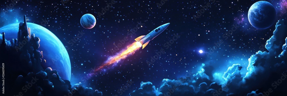 Poster Colorful rocket launching through a starry space scene surrounded by planets and clouds in an imaginative outer space setting. Generative AI
