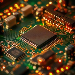 Microchip on illuminated circuit board close-up