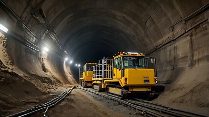 Underground tunnel construction with massive boring machines, laser-guided precision technology, and smart sensors ensuring safety and efficiency.

