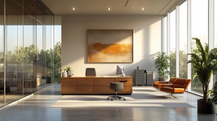 Fototapeta premium A modern office space with large windows, a stylish desk, and a cozy seating area, featuring a landscape painting and plants for a refreshing ambiance.
