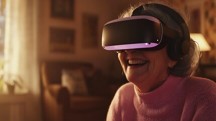 Happy elderly woman using virtual reality headset at home, enjoying immersive technology