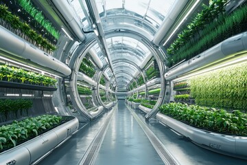 Naklejka premium Futuristic hydroponic farm in a circular tunnel, showcasing vibrant green plants. Illustrates sustainable food production, perfect for tech or agriculture concepts.