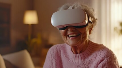 Happy elderly woman using virtual reality headset at home, enjoying immersive technology

