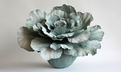 A large, textured blue-green flower sculpture in a simple bowl, set against a neutral background