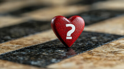 Fototapeta premium Red heart question mark on game board, decision, uncertainty
