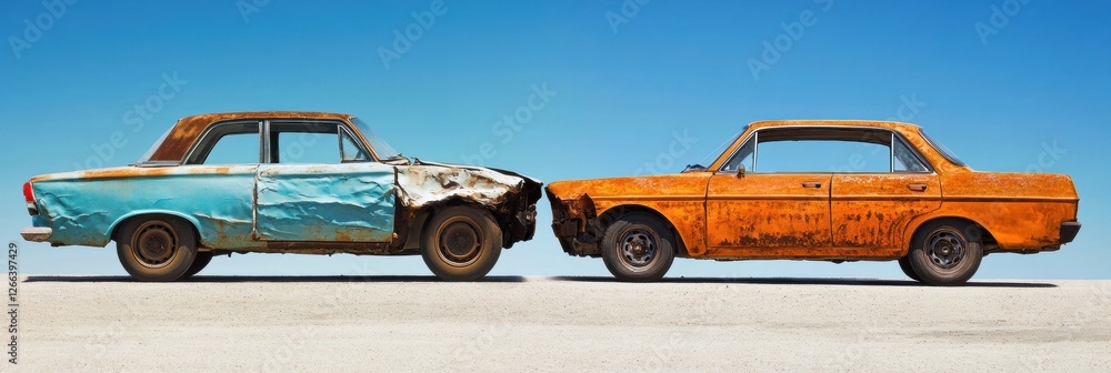Poster side by side comparison of a dented and rusted car against a perfectly repaired vehicle in bright su