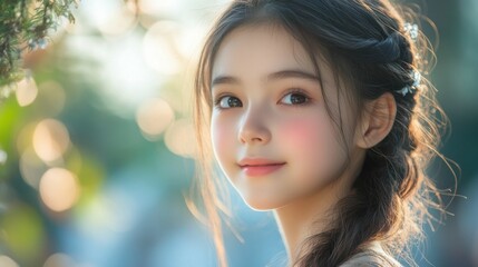 Dreamy Portrait of a Serene Young Girl with Braided Hair, Bokeh Background, Generated AI