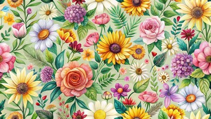 Vibrant Watercolor Floral Pattern Featuring Sunflowers, Roses, and Daisies in a Lush Garden Setting