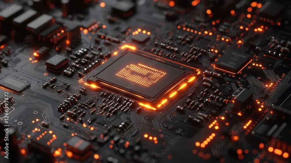 Poster high-tech cpu glowing on circuit board; electronic components