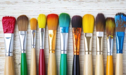 Fototapeta premium A vibrant collection of paintbrushes arranged on a rustic wooden surface, showcasing artistic tools