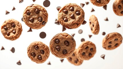 Delicious Chocolate Chip Cookies Falling White Background
