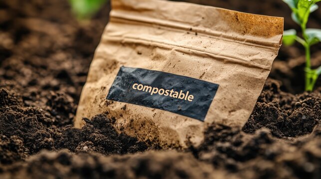 Biodegradable compostable bag in soil, eco-friendly sustainable packaging