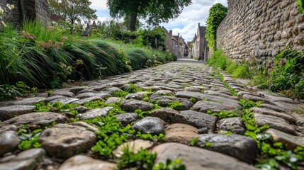 Cobblestone alleyway in European town with lush greenery and buildings