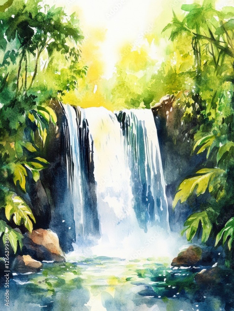 Poster waterfall cascades beautifully in a lush forest setting with sunlight filtering through the trees. g