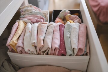 clothes and underwear for babies in the drawer. pure baby cotton clothes. Clothing storage